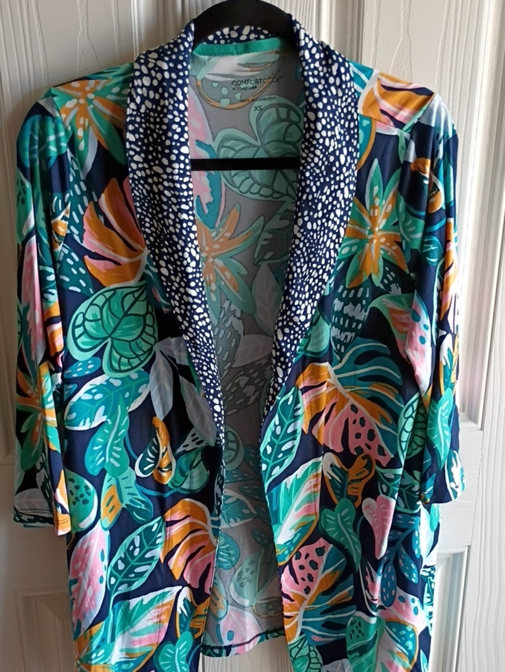 Cuddl Duds Multicolor Navy, Teal & Coral Floral Open-Front Tunic Kimono-Oversize